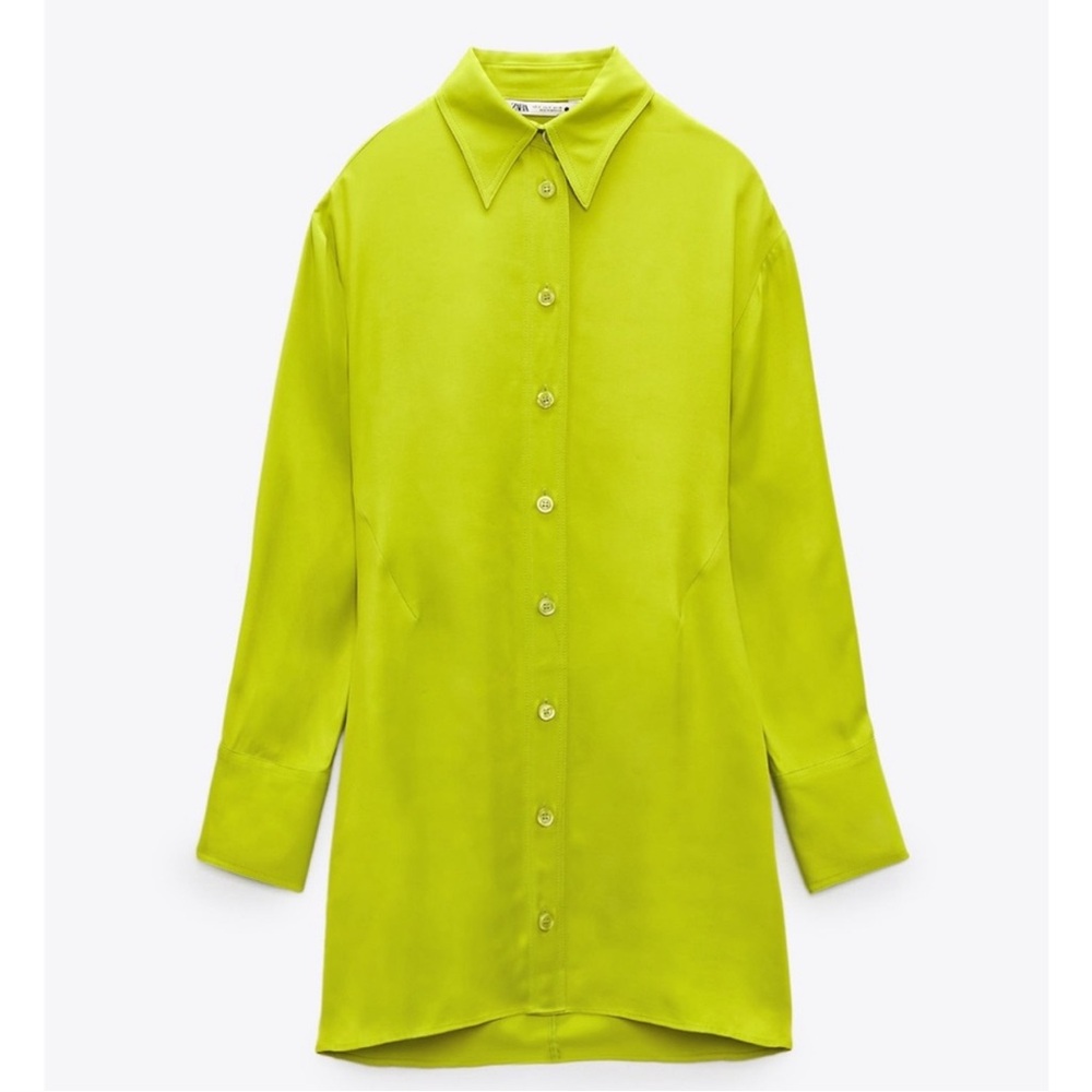 ZARA WOMEN'S SATIN EFFECT SHIRT DRESS LIME GREEN SIZE S